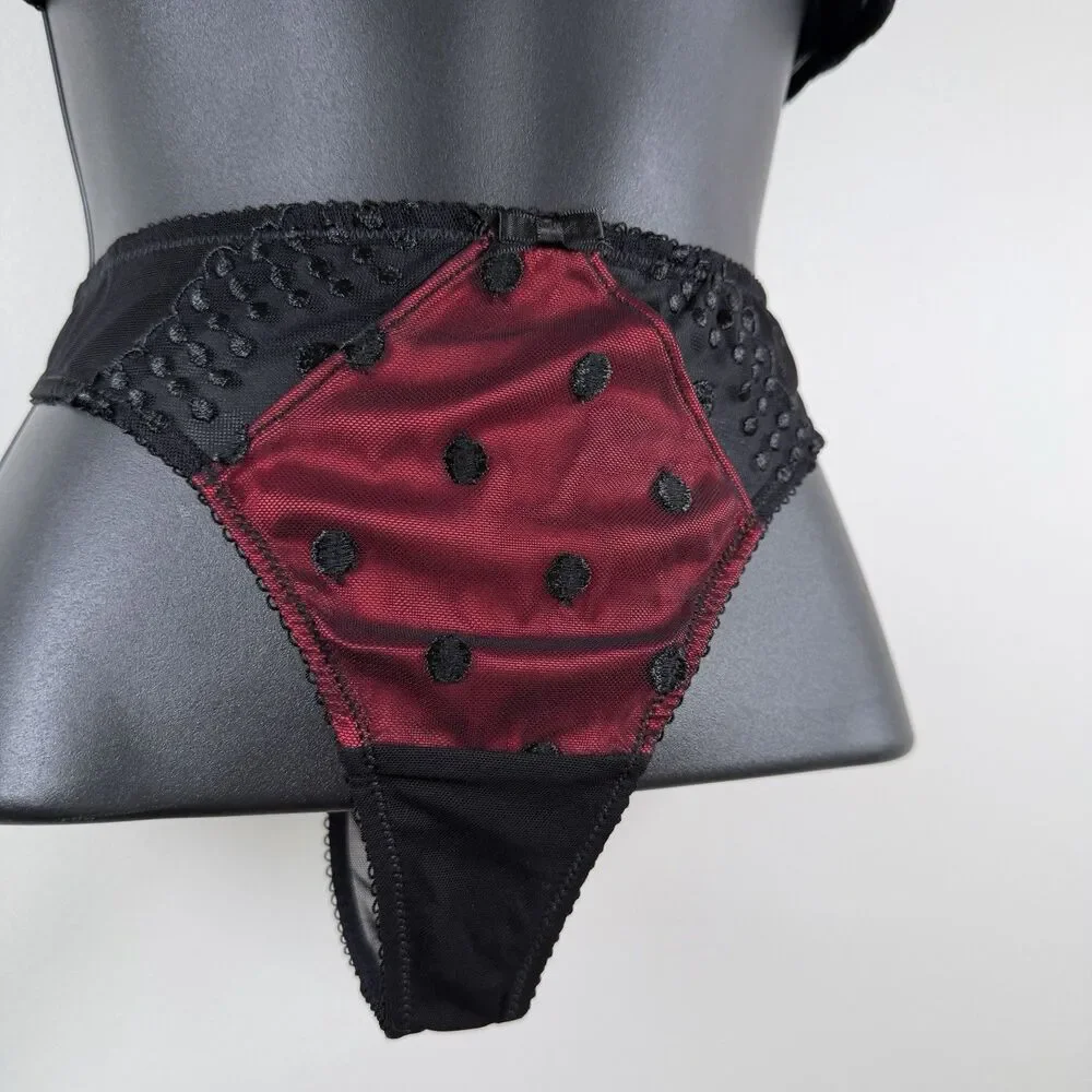 FIG LEAVES Black Red Sheer Bra And Thong Panty Sz 36D 12 NWT